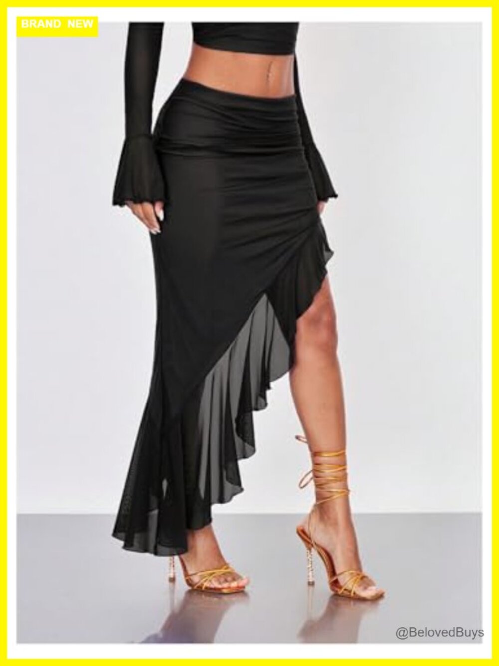 Asymmetrical High Slit Mesh Long Bodycon Maxi Skirt Ruffle Hem Ruched Flowy - Picture 5 of 6